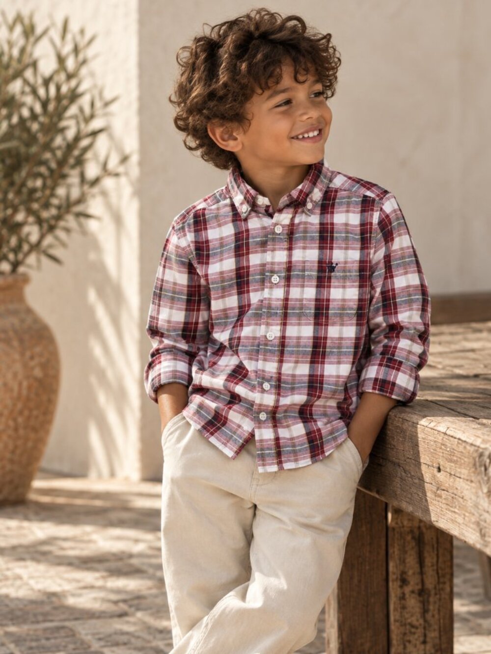 EPK Boys Red Navy White Plaid Button Down Shirt French Designer Kids Preppy
